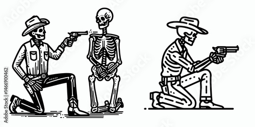 Skeleton as Cowboy Kneeling to draw gun. Western Outline Clipart ink line art doodle vector illustration. Bony gunslinger bending at the joint readying firearm spectral theme.