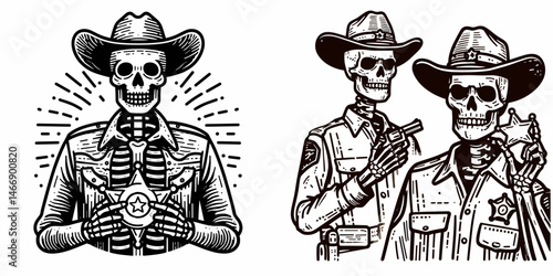Skeleton as Cowboy Holding sheriff badge. Western Outline Clipart ink line art doodle vector illustration. Bony gunslinger figure displaying star emblem archetype portrait.