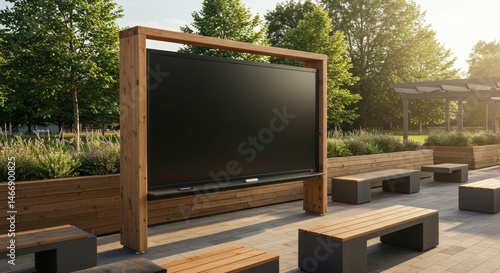 Outdoor Display with Seating Area - Large outdoor screen in a wooden frame, surrounded by modern wooden and stone benches, ideal for presentations or entertainment in park-like settings