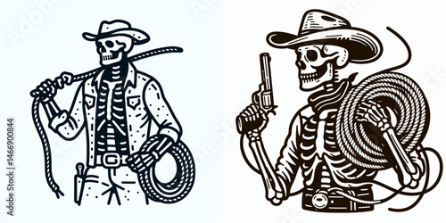 Skeleton as Cowboy Holding rope coil. Western Outline Clipart ink line art doodle vector illustration. Bony gunslinger coil of cord spirit skeletal rancher rustic undead figure.