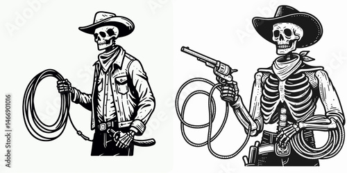 Skeleton as Cowboy Holding lasso ready. Western Outline Clipart ink line art doodle vector illustration. Bony rancher figure with rope prepared undead being spooky design.