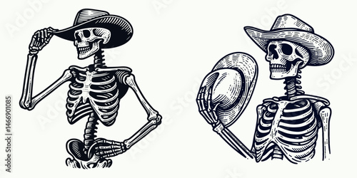 Skeleton as Cowboy Holding hat. Western Outline Clipart ink line art doodle vector illustration. Bony figure like rancher gripping headwear a spooky wild west thematic notion.
