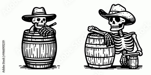 Skeleton as Cowboy Hiding behind a barrel. Western Outline Clipart ink line art doodle vector illustration. Bony gunslinger lurking after cask undead figure in concealment.