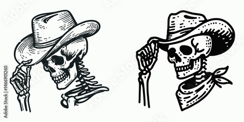 Skeleton as Cowboy Hat tipping. Western Outline Clipart ink line art doodle vector illustration. Bony remains in headwear bowing a courteous halloween grim gesture.