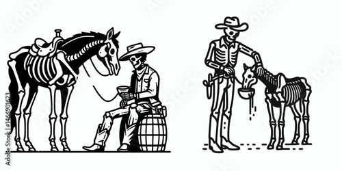 Skeleton as Cowboy Feeding a horse. Western Outline Clipart ink line art doodle vector illustration. Bony gunslinger tending equine bone man offers forage to steed.