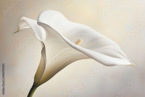 A graceful white Calla Lily in full bloom, with its smooth, trumpet-shaped petals glistening in soft sunlight. --ar 3:2 --v 6.1 Job ID: 3481cf8c-9efa-41c5-9f75-46ca9bb7643d