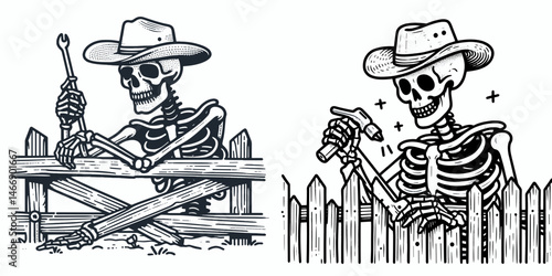 Skeleton as Cowboy Fixing fence. Western Outline Clipart ink line art doodle vector illustration. Bony rancher repairing enclosure undead figure maintains property border.