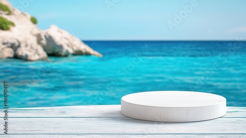 Wallpaper Mural White cylindrical podium on wooden pier with turquoise sea in background, showcasing summer product display Torontodigital.ca