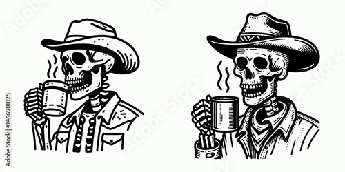 Skeleton as Cowboy Drinking coffee from tin mug. Western Outline Clipart ink line art doodle vector illustration. Bony gunslinger sipping java metal cup desert theme.