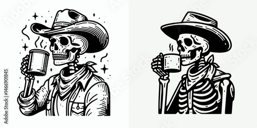 Skeleton as Cowboy Drinking coffee from tin mug. Western Outline Clipart ink line art doodle vector illustration. Bony rancher enjoys morning joe metal cup a spooky concept.