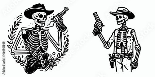 Skeleton as Cowboy Drawing gun from holster. Western Outline Clipart ink line art doodle vector illustration. Bony gunslinger image skeletal figure action art firearm draw halloween.