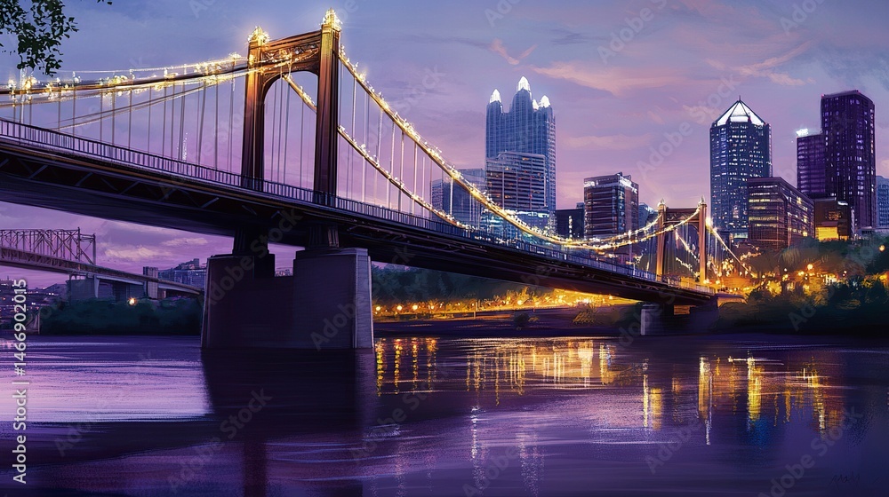 Obraz premium A suspension bridge shimmering with lights at dusk, the serene water mirroring its modern design, with a peaceful urban skyline enhancing the travel allure. 
