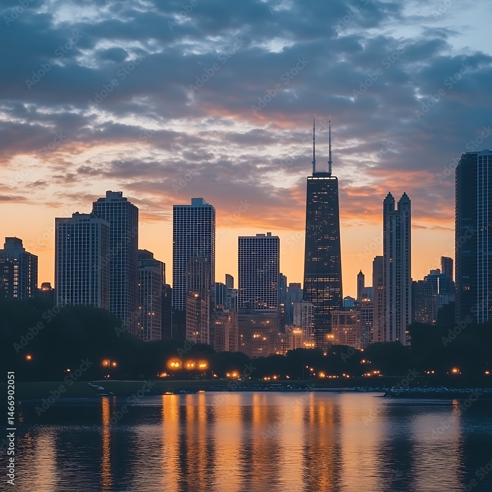 Obraz premium Sunset Horizon Glows Behind Tall Urban Buildings High Resolution Picture