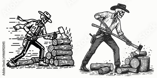 Skeleton as Cowboy Chopping wood. Western Outline Clipart ink line art doodle vector illustration. Undead rancher wielding axe timber felling. country theme artwork.