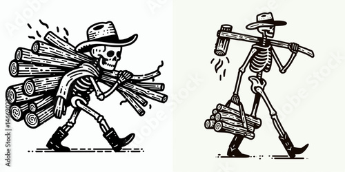 Skeleton as Cowboy Carrying firewood. Western Outline Clipart ink line art doodle vector illustration. Bony cowhand hauling kindling fantasy figure with lumber burden.