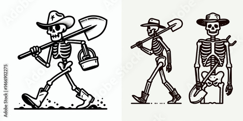 Skeleton as Cowboy Carrying a shovel. Western Outline Clipart ink line art doodle vector illustration. Bony rancher toting scoop wild west dead persona rustic labor trope.