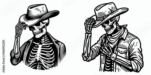 Skeleton as Cowboy Adjusting hat brim. Western Outline Clipart ink line art doodle vector illustration. Skeletal form in wild west attire amending headgear lip genre icon.