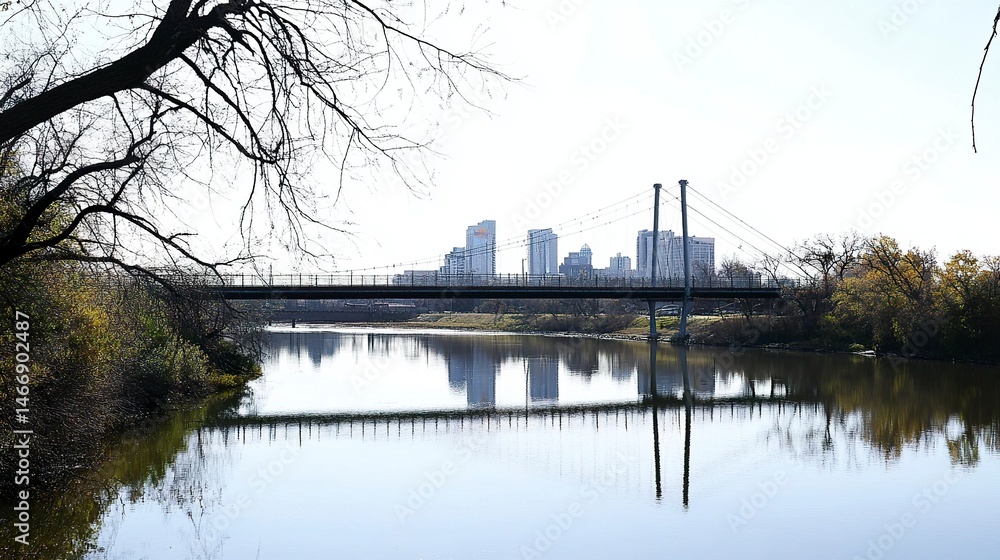 Fototapeta premium A suspension bridge stretching over a reflective river, with a sprawling urban skyline framed by a bright, clear sky. 