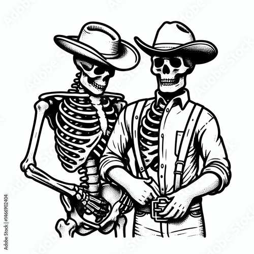 Skeleton as Cowboy Adjusting belt buckle. Western Outline Clipart ink line art doodle vector illustration. Boney rancher fixing cinch ring undead figure in a rugged scene.