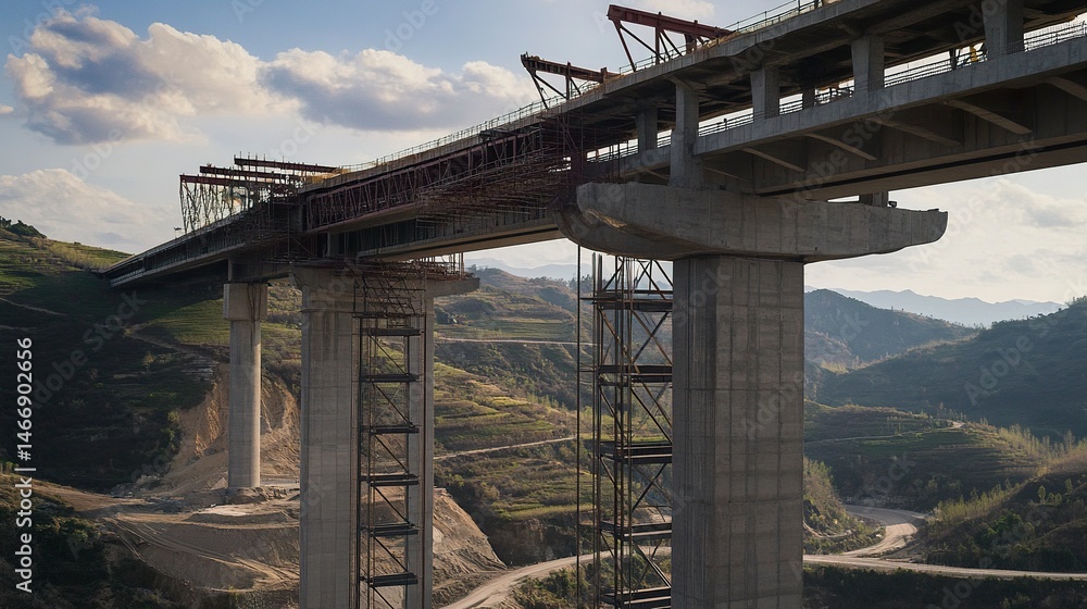 Fototapeta premium A sweeping view of a high-speed railway bridge in progress, its towering supports and incomplete spans bridging the expansive valley below. 