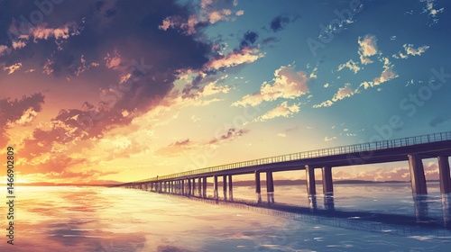 Wallpaper Mural A sweeping view of a long bridge over a serene body of water, the sunset's vibrant colors contrasting with gentle clouds floating in the sky.  Torontodigital.ca