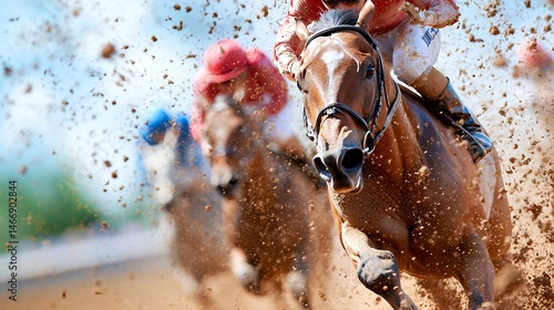 Horse Race in Action with Mud Flying High-speed Equestrian Event
