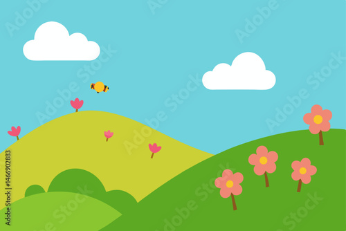 hilltop field with spring blossoms and bees 
