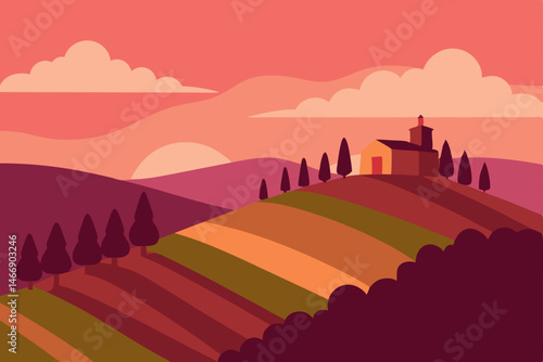 hilltop vineyard glowing under a pink orange eveni