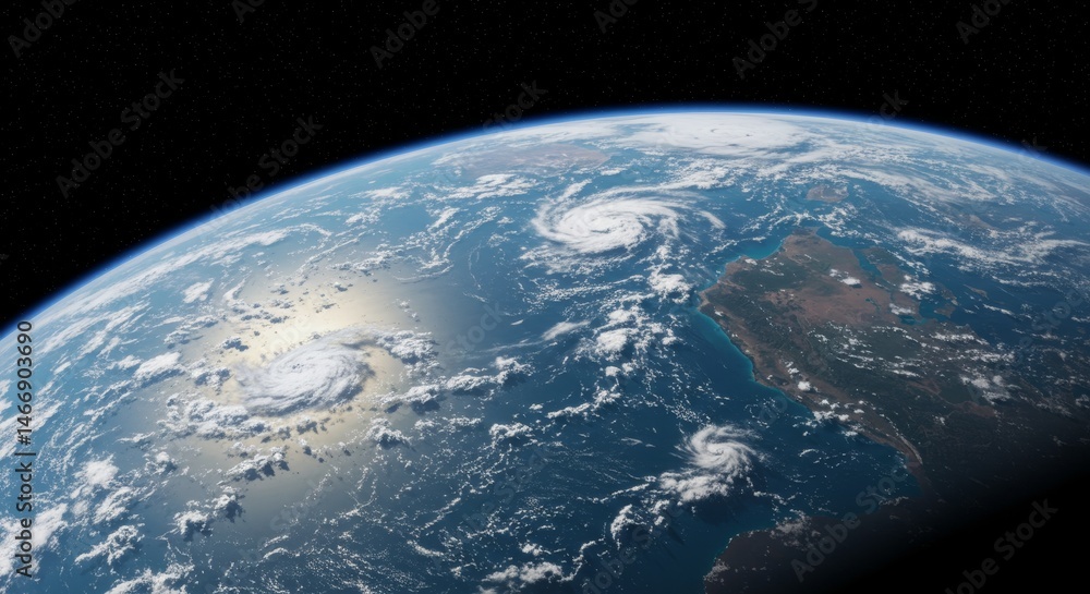 Fototapeta premium Planet Earth From Space - Stunning view of Earth from space, showcasing swirling clouds, oceans, and continents. A breathtaking perfect for environmental projects