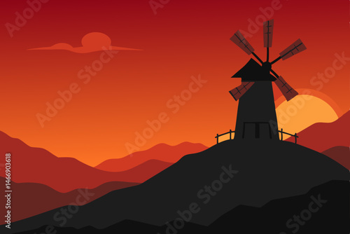 hilltop windmill silhouetted against a fiery dusk .svg