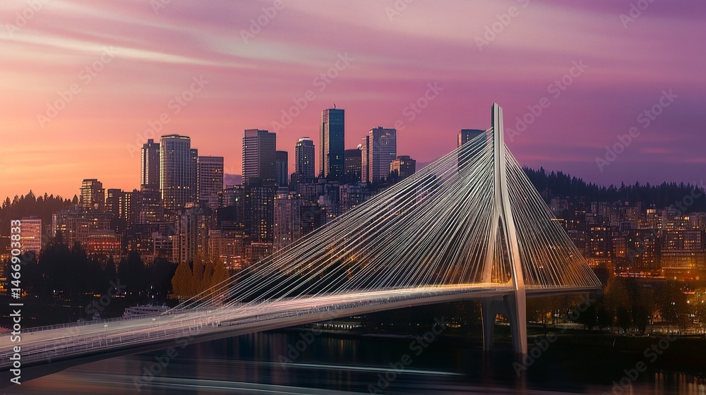 Obraz premium A towering cable-stayed city bridge, its modern design complementing the backdrop of a glowing skyline against the dusk sky.