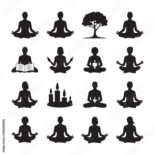 Black Silhouettes of People Meditating and Practicing Self-Care – Yoga, Journaling, Wellness Icons