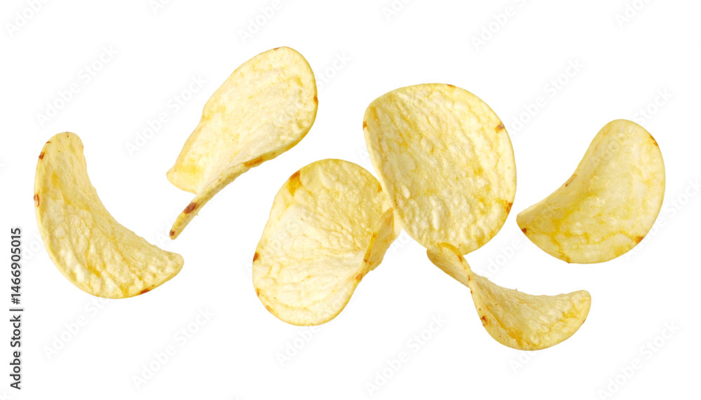 Crispy potato chips falling on transparent background Crispy potato chips falling on transparent background