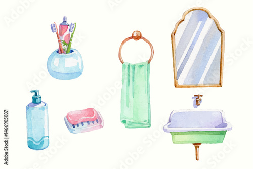 Watercolor hand drawn bathroom elements collection