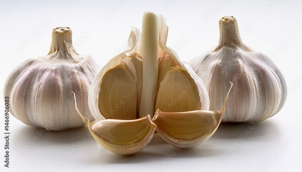 Whole and split garlic bulbs with cloves arranged on a white background.