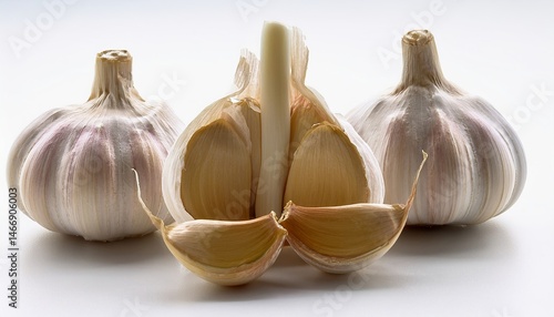 Obraz na płótnie Whole and split garlic bulbs with cloves arranged on a white background. w salonie
