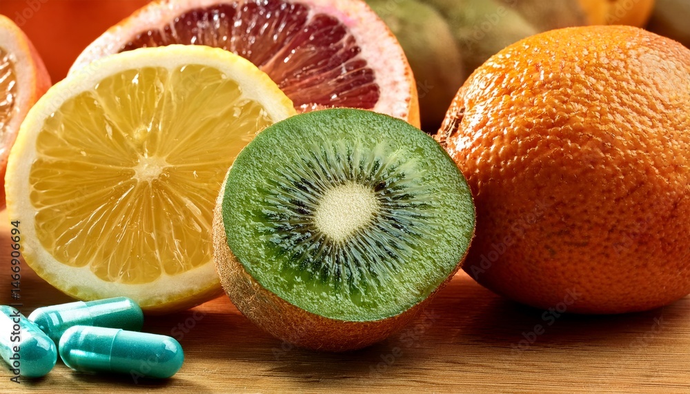 Fresh kiwi, lemon, and orange with blue capsules on a wooden surface, highlighting natural and supplemental sources of vitamins.