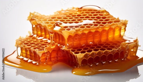 Obraz na płótnie Golden honeycomb dripping with fresh, sweet honey stacked on a white background. w salonie