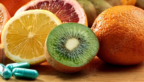 Obraz na płótnie Fresh kiwi, lemon, and orange with blue capsules on a wooden surface, highlighting natural and supplemental sources of vitamins. w salonie