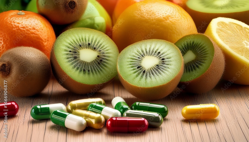Fresh fruits and colorful capsules are displayed together on a wooden surface, highlighting nutrition and supplementation.