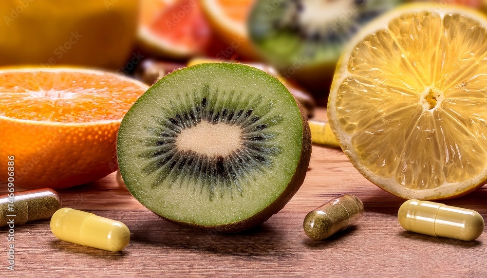 Sliced citrus fruits and kiwi are displayed with yellow capsules on a wooden surface, highlighting a comparison between natural vitamins and supplements.