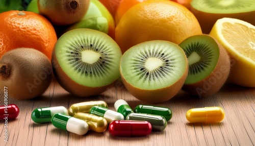 Obraz na płótnie Fresh fruits and colorful capsules are displayed together on a wooden surface, highlighting nutrition and supplementation. w salonie