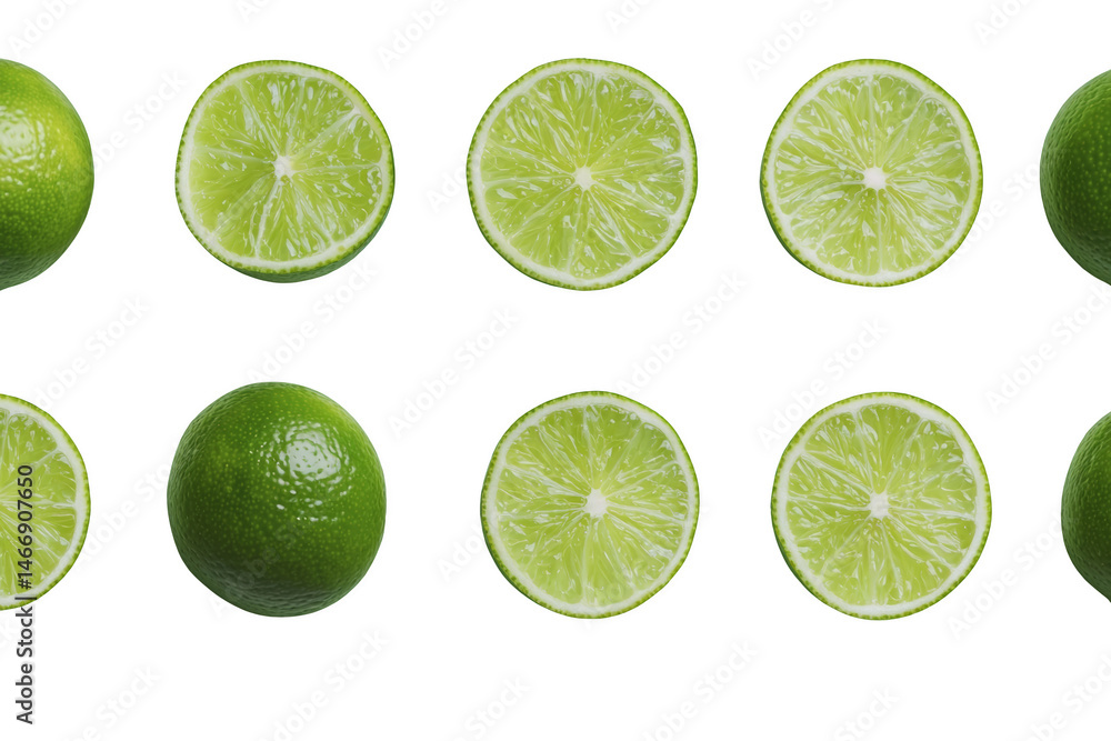 A row of whole and sliced limes arranged in a neat pattern. Png, Transparent background. A row of whole and sliced limes arranged in a neat pattern. Png, Transparent background.