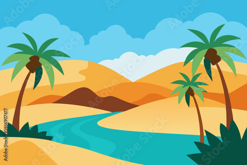 lush oasis in the desert with palm trees and sprin.svg