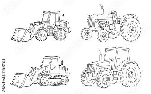 set of heavy vehicles tractor, excavator on a white background. coloring page. illustration. vector