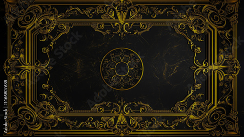 Elegant Golden Art Deco Ornaments with Arabic Antique Borders and Ornate Geometric Frame in Retro Victorian Style.