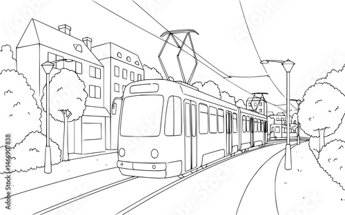 drawing illustration of tram in town. coloring pages for kids