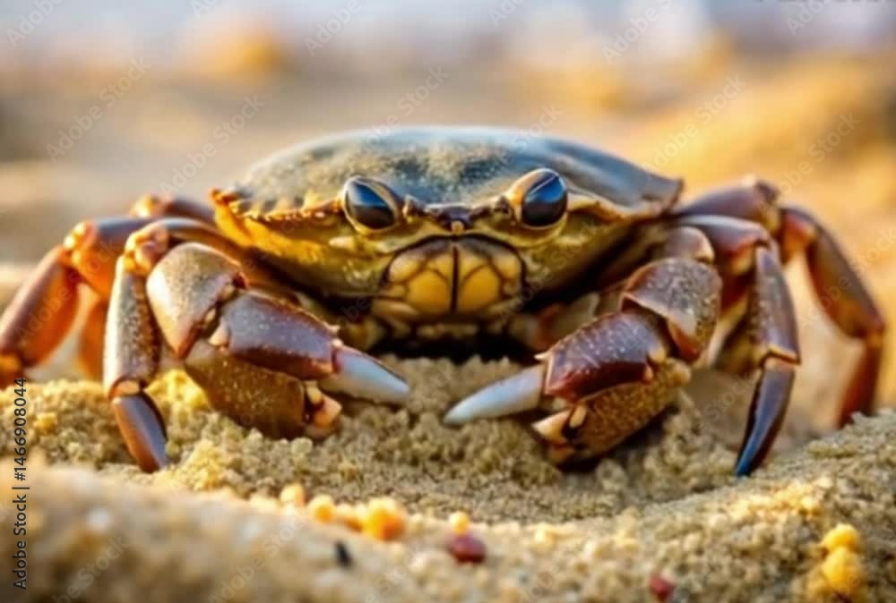 A crab partially buried in wet sand at low tide A crab partially buried in wet sand at low tide