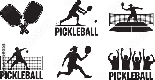 Collection of pickleball logos and silhouette designs showcasing players and equipment in action