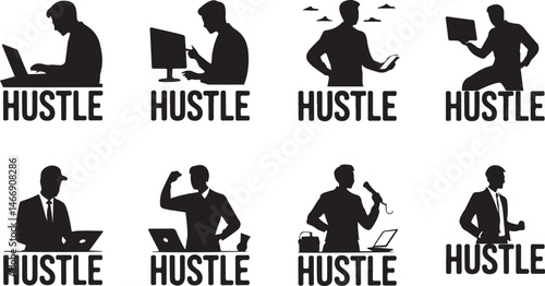 Collection of silhouette icons depicting modern business professionals and the concept of hustle